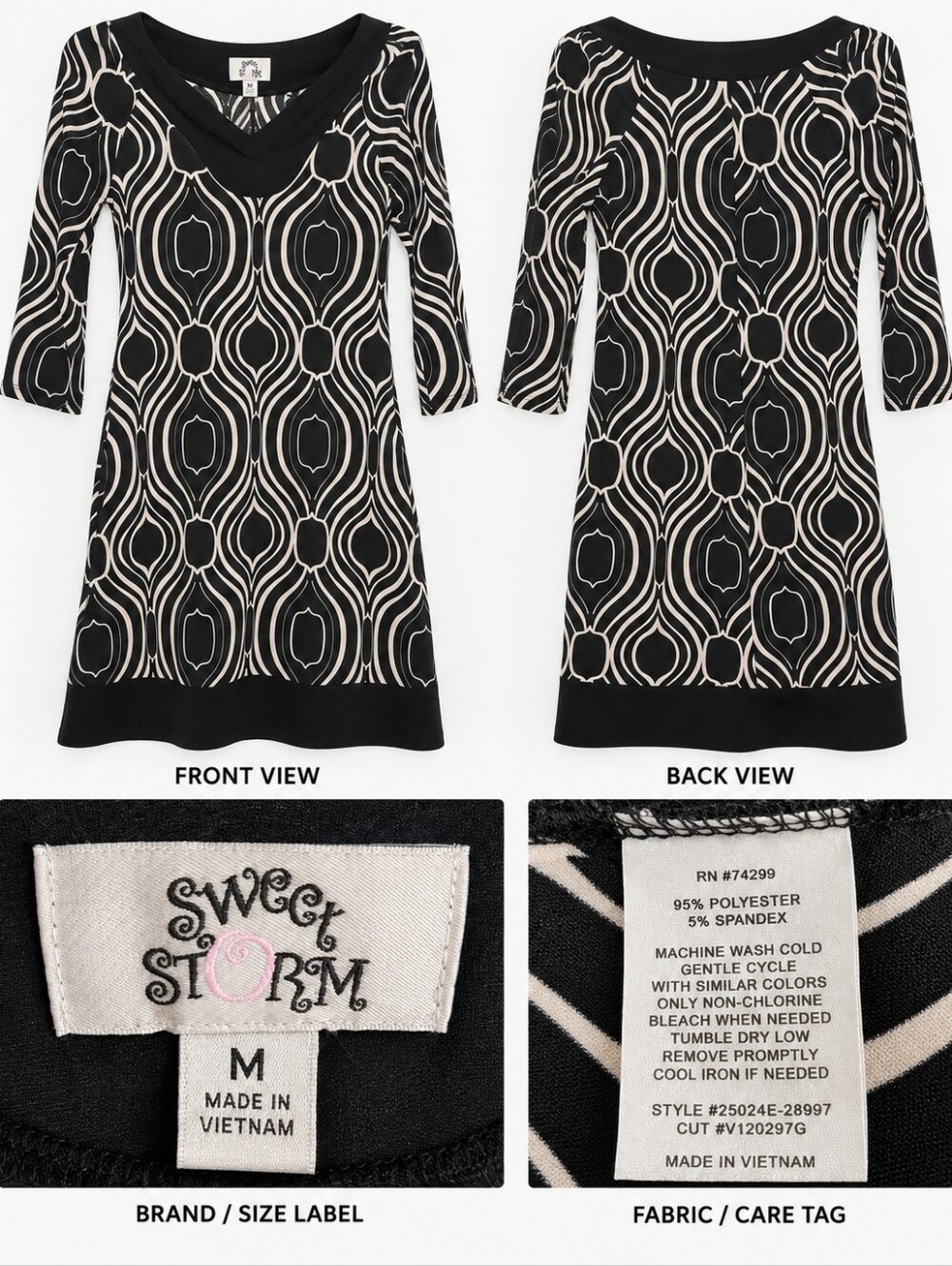 Sweet Storm Black and Cream Geometric V-Neck Sweater Dress